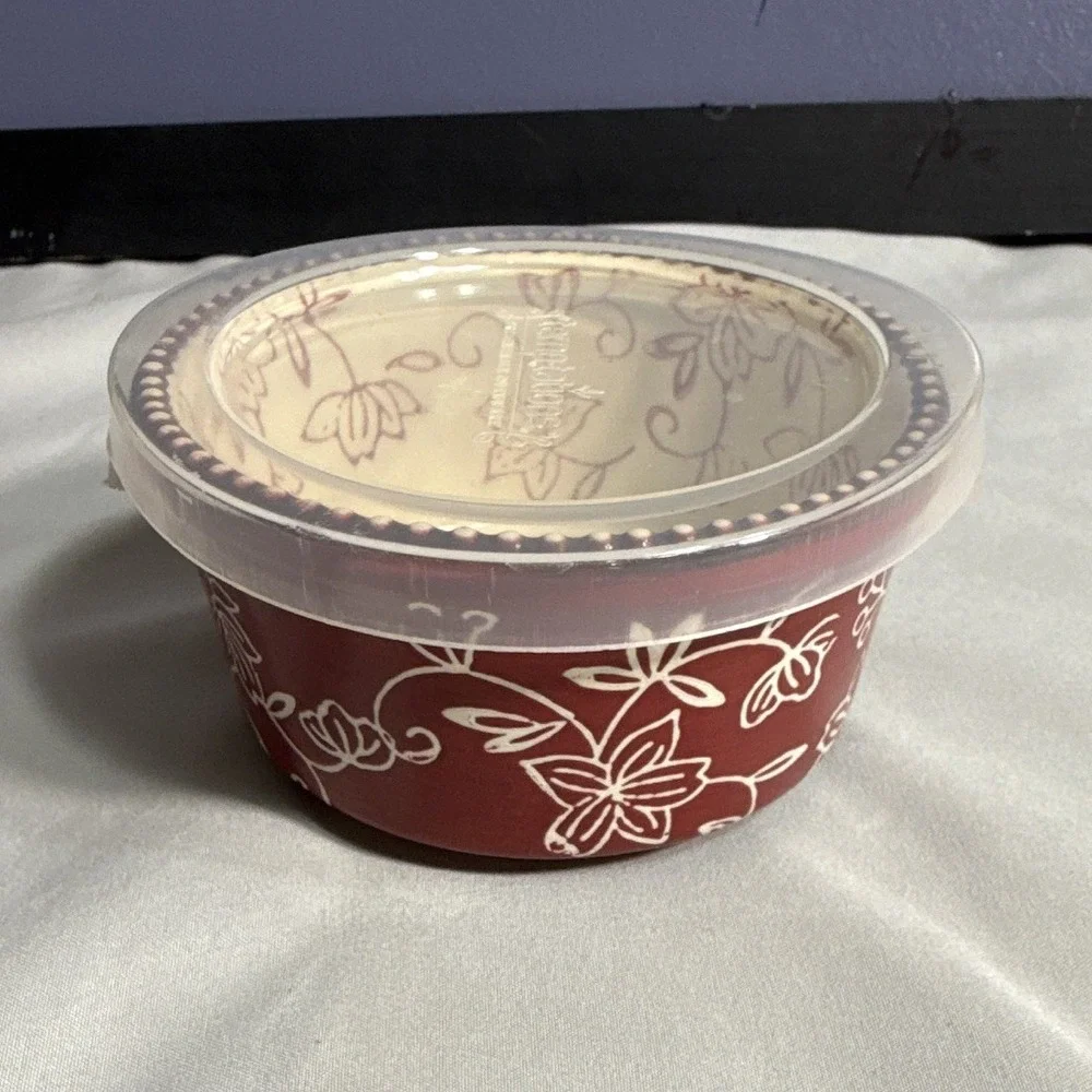 Temp-tations Floral Lace Cranberry Red Round Serving Bowl Baker w/ Plastic Lid